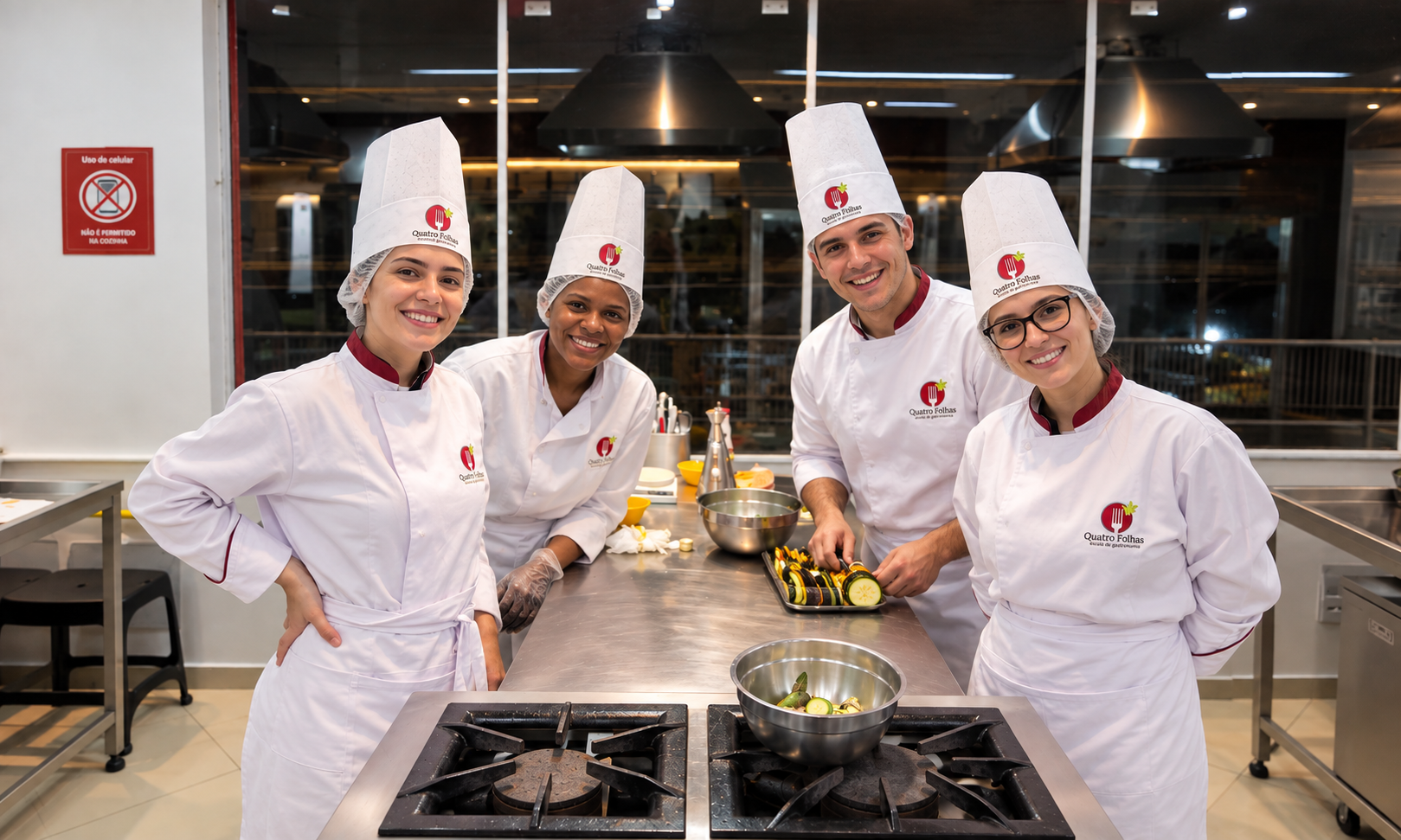 Grupo de alunos em cozinha profissional
