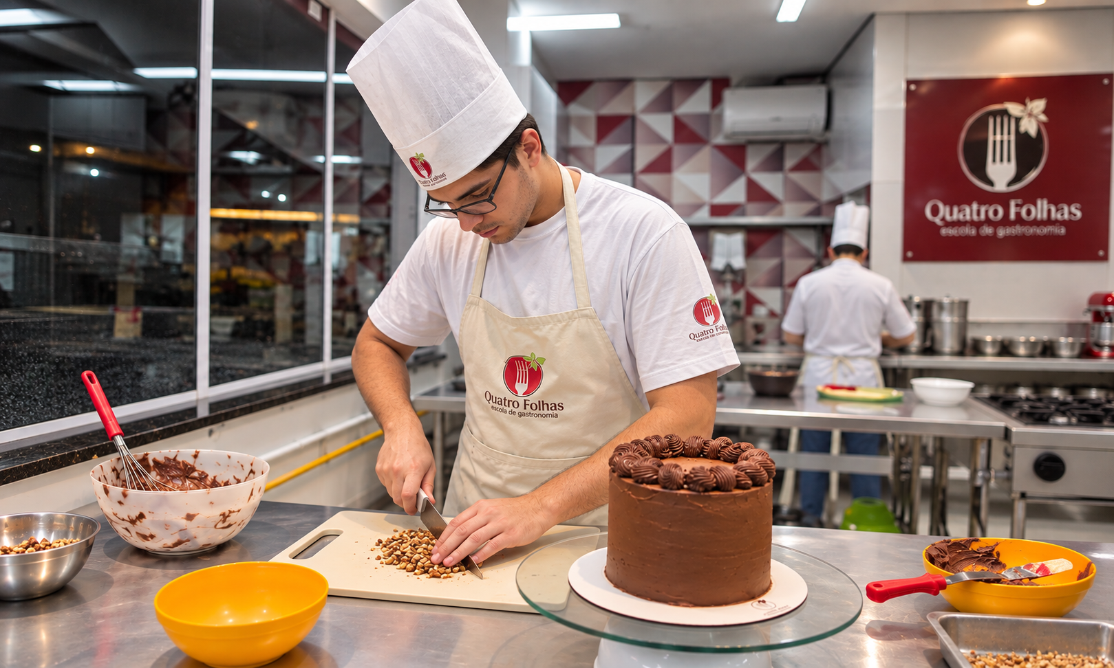 Aluno preparando bolo em aula de confeitaria