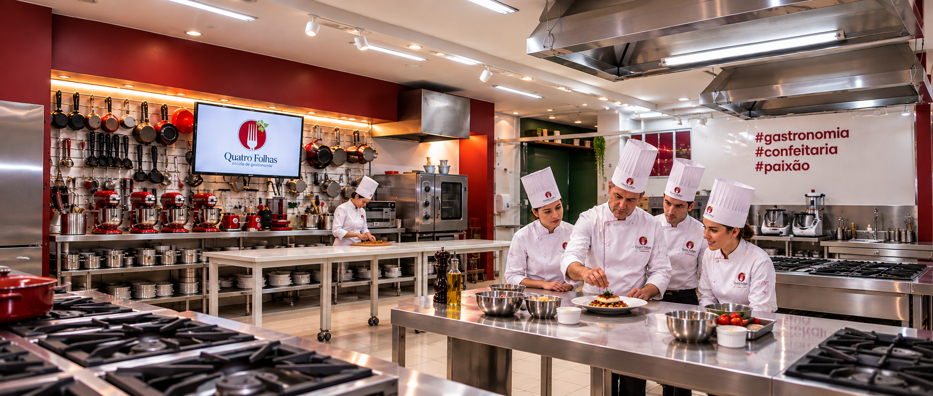 Chefs em aula prática de gastronomia na Quatro Folhas