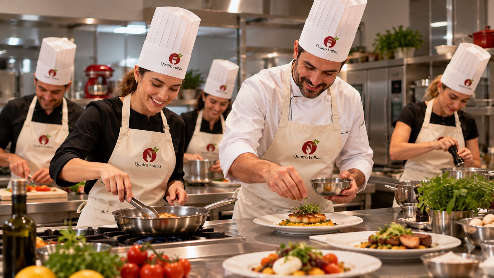 Equipe em aula prática na cozinha da Quatro Folhas