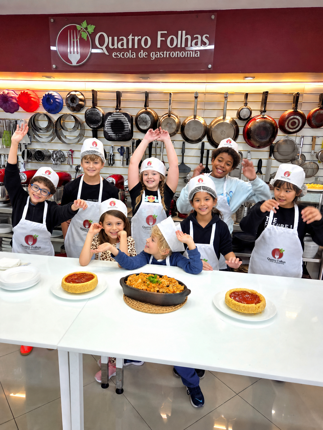 Crianças em aula gastronômica infantil na Quatro Folhas