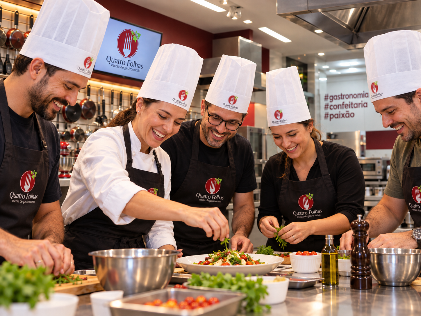 Equipe participando de uma experiência gastronômica